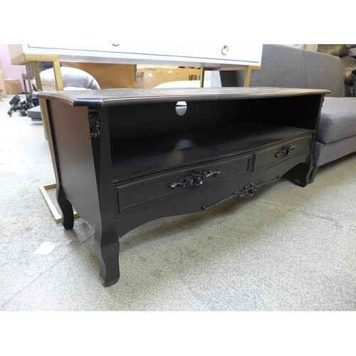 1518 - A white two drawer console table with gold legs and a black TV stand