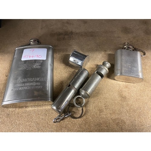 2166b - ARP WWII warden's whistle, spyglass, capsule multi-tool, 2 hip flasks and gatepost 'Love' sign