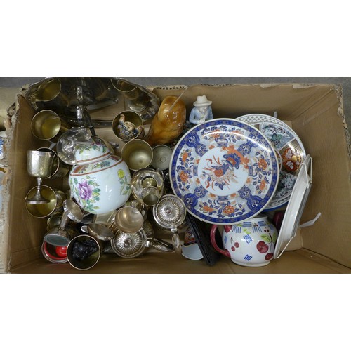 1057 - Three boxes of assorted china, glass and metal ware **PLEASE NOTE THIS LOT IS NOT ELIGIBLE FOR POSTI... 