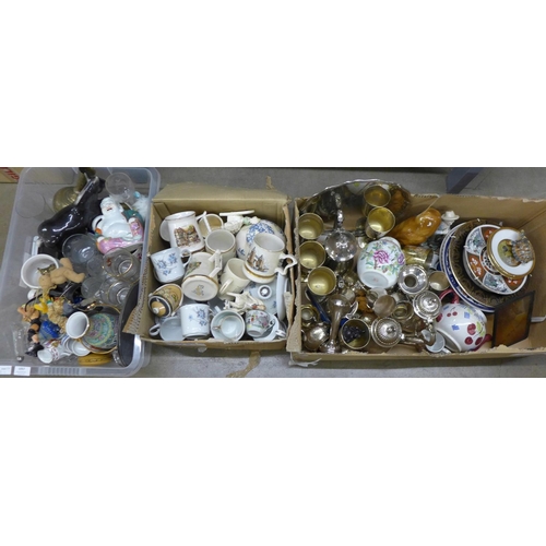 1057 - Three boxes of assorted china, glass and metal ware **PLEASE NOTE THIS LOT IS NOT ELIGIBLE FOR POSTI... 