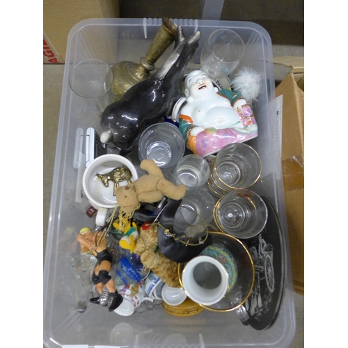 1057 - Three boxes of assorted china, glass and metal ware **PLEASE NOTE THIS LOT IS NOT ELIGIBLE FOR POSTI... 