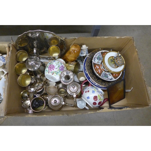 1057 - Three boxes of assorted china, glass and metal ware **PLEASE NOTE THIS LOT IS NOT ELIGIBLE FOR POSTI... 