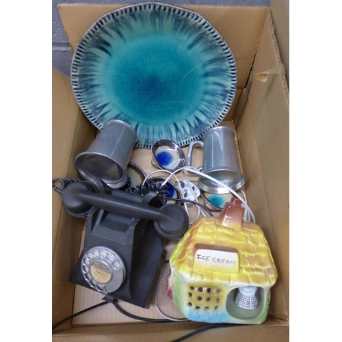 1059 - A Bakelite telephone, oyster serving dish with six servers, a ceramic night light and two pewter tan... 