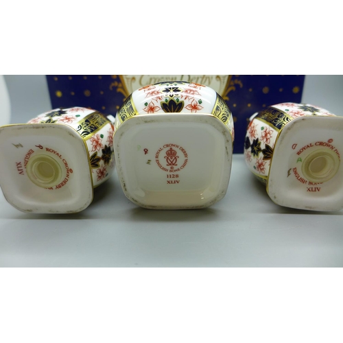 630 - A Royal Crown Derby 1128 Imari pattern salt, pepper and mustard, with box