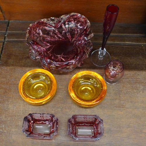 683 - Two Whitefriars orange glass bowls, a ruby red bowl with controlled bubble decoration, a pair of rub... 