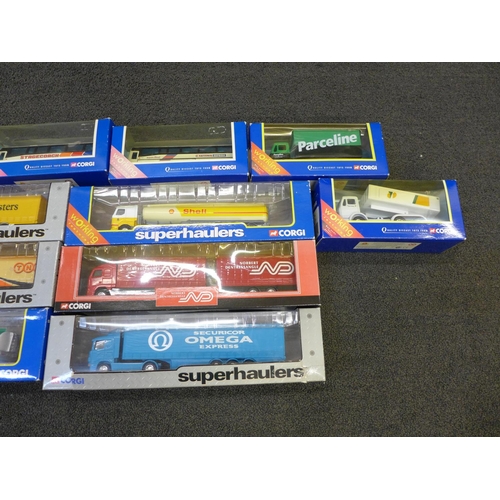 728 - A collection of fifteen Corgi Superhaulers and Corgi buses, boxed