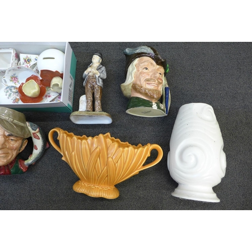 730 - A collection of china including a Sylvac 1379 terrier, three Royal Doulton character jugs, Robin Hoo... 