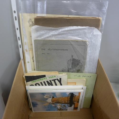 747 - Ephemera:- Nottinghamshire related ephemera in box, mainly paper ephemera and a J.T. Shardlow of Wor... 