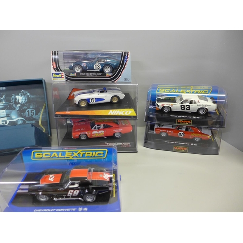 748 - Seven slot racing cars including Scalextric, Revell and Carrera, American models, Chevrolet Camaro, ... 