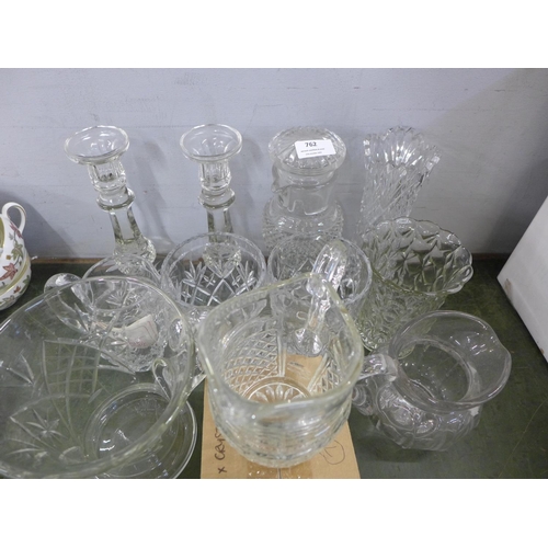 762 - A collection of lead crystal, glass and pressed glass, jugs, vases, candlesticks, etc. **PLEASE NOTE... 