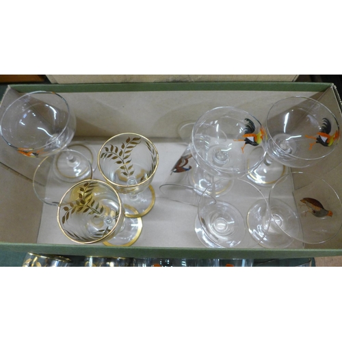 767 - A collection of mixed drinking glasses including six etched brandy glasses, nine liqueur glasses wit... 