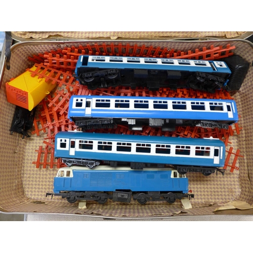 774A - Tri-ang 'Big Big Train' model rail locomotive, three coaches, one a/f, circus wagon, track with poin... 