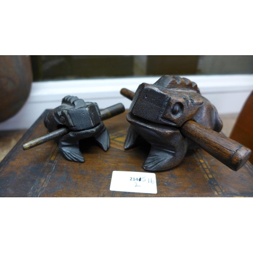 781 - A 19th Century inlaid box and a set of three carved wooden frog guiro rasps