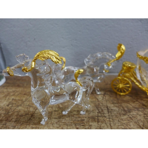 784 - Glass and crystal Disney Snow White carriage, slipper, castle, pumpkin, horses, etc., some a/f **PLE... 