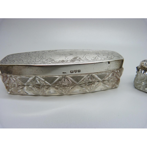 829 - Two silver topped glass jars, Chester 1915 and London 1910, largest 103mm