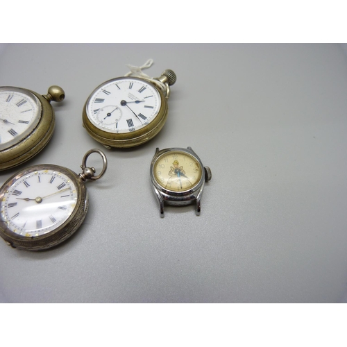 835 - Two silver fob watches, a Cinderella wristwatch, two other watches and a movement, a/f