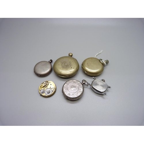 835 - Two silver fob watches, a Cinderella wristwatch, two other watches and a movement, a/f