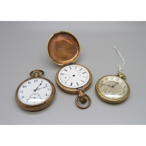 836 - Three rolled gold pocket watches, (full hunter a/f)