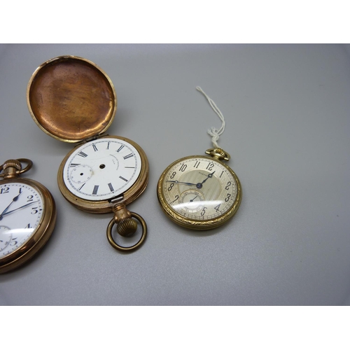 836 - Three rolled gold pocket watches, (full hunter a/f)