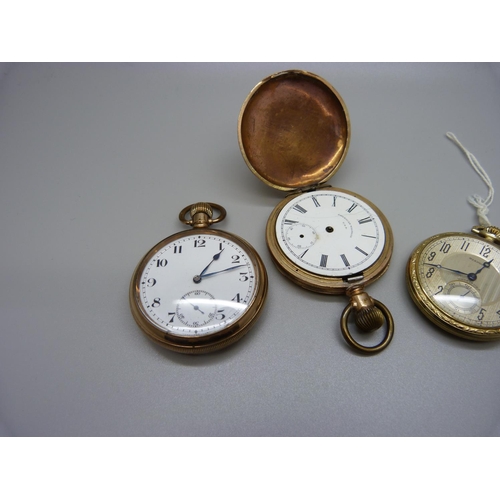 836 - Three rolled gold pocket watches, (full hunter a/f)