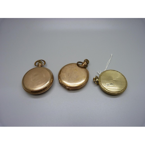 836 - Three rolled gold pocket watches, (full hunter a/f)