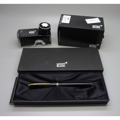 841 - A Mont-Blanc fountain pen with 14ct gold nib, box and papers and a pot of black ink