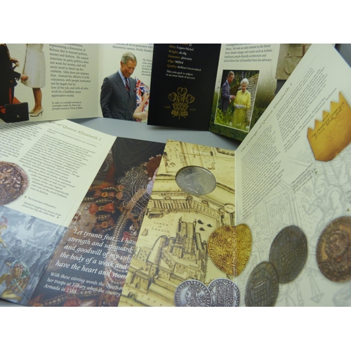 842 - Three The Royal Mint coin sets, Prince of Wales Sixtieth Birthday £5 coin, Queen Elizabeth I commemo... 