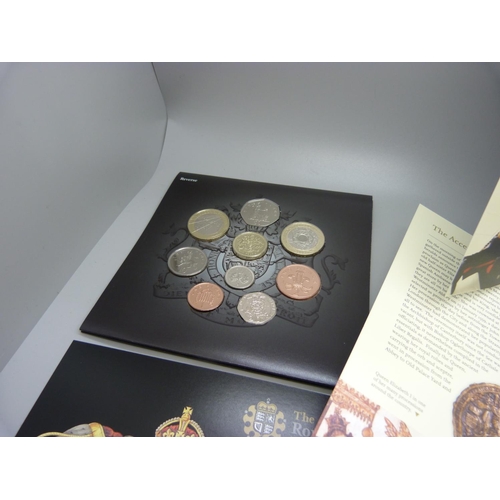 842 - Three The Royal Mint coin sets, Prince of Wales Sixtieth Birthday £5 coin, Queen Elizabeth I commemo... 