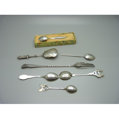 852 - A silver pickle fork, five silver spoons including three enamel and a caddy spoon, 57g