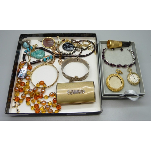 875 - A Rotary fob watch, rolled gold bangle, an agate set brooch, picture pendant, etc.