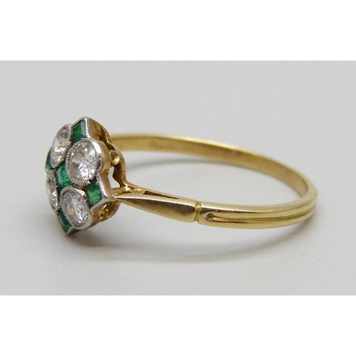 894 - An 18ct gold, emerald and diamond ring, 1.8g, N