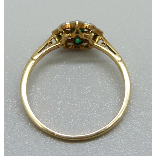 894 - An 18ct gold, emerald and diamond ring, 1.8g, N