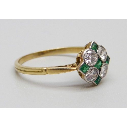 894 - An 18ct gold, emerald and diamond ring, 1.8g, N