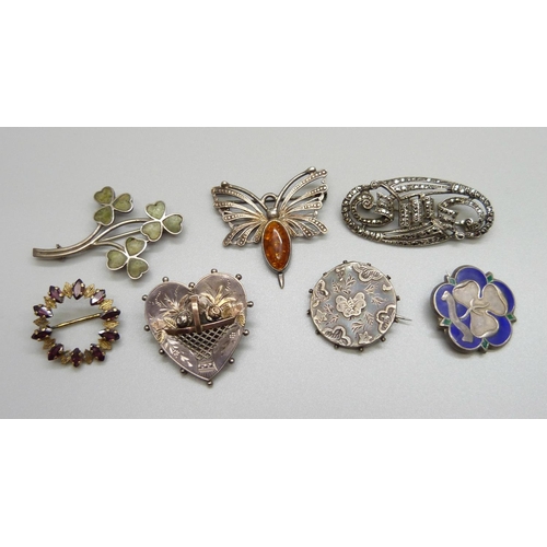 895 - Two hallmarked Victorian silver brooches, a silver shamrock brooch marked Eire and four other silver... 