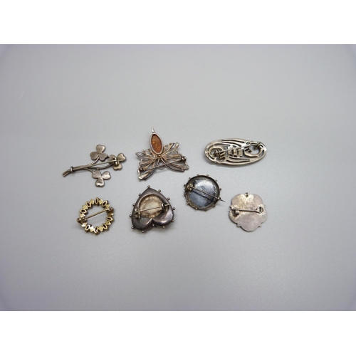 895 - Two hallmarked Victorian silver brooches, a silver shamrock brooch marked Eire and four other silver... 