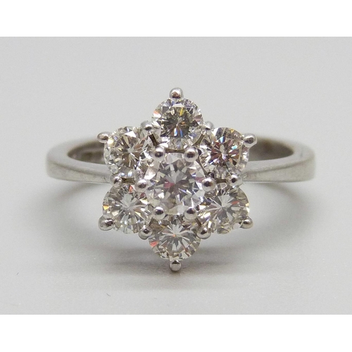 896 - An 18ct white gold and diamond cluster ring, 1.2carat diamond weight, 4.6g, K