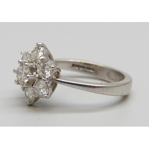 896 - An 18ct white gold and diamond cluster ring, 1.2carat diamond weight, 4.6g, K