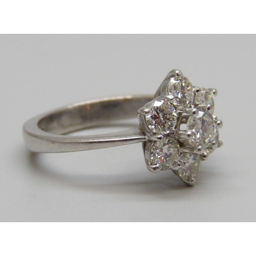 896 - An 18ct white gold and diamond cluster ring, 1.2carat diamond weight, 4.6g, K