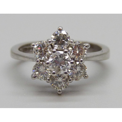 896 - An 18ct white gold and diamond cluster ring, 1.2carat diamond weight, 4.6g, K