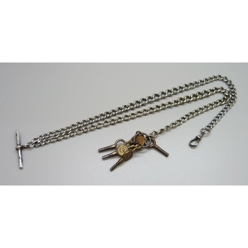 906 - A silver watch chain with four keys, 48g