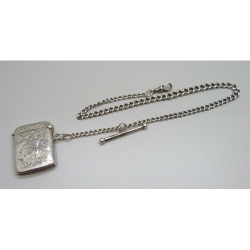 907 - A silver Albert watch chain and a silver vesta case, Birmingham 1925, total weight 40g