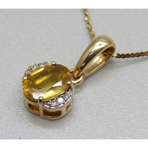 948 - A 9ct gold, sphene and diamond pendant and chain, 2.5g, with certificate