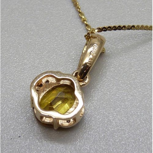 948 - A 9ct gold, sphene and diamond pendant and chain, 2.5g, with certificate