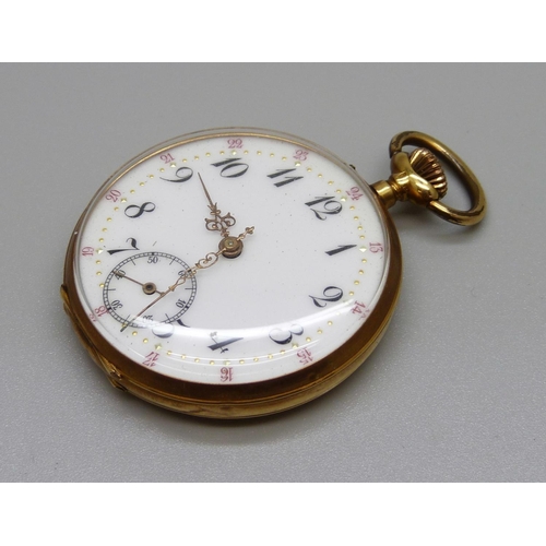 951 - An 18ct gold pocket watch, the case back decorated with horse and jockey and horseshoe, metal inner ... 