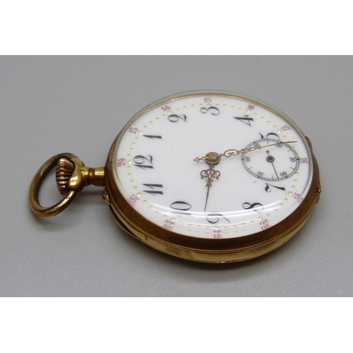 951 - An 18ct gold pocket watch, the case back decorated with horse and jockey and horseshoe, metal inner ... 