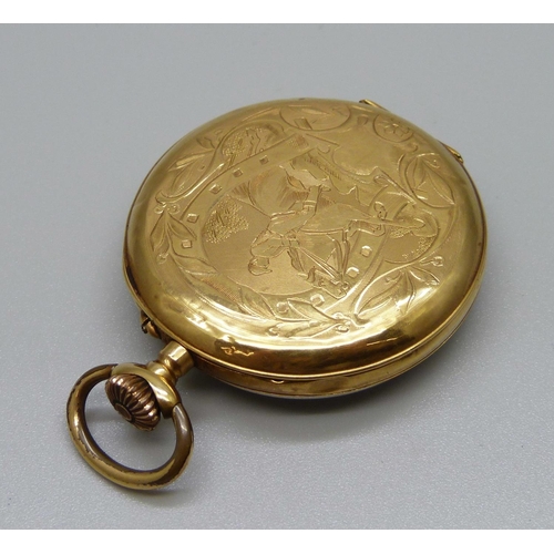 951 - An 18ct gold pocket watch, the case back decorated with horse and jockey and horseshoe, metal inner ... 