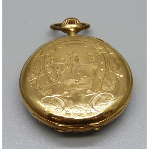 951 - An 18ct gold pocket watch, the case back decorated with horse and jockey and horseshoe, metal inner ... 