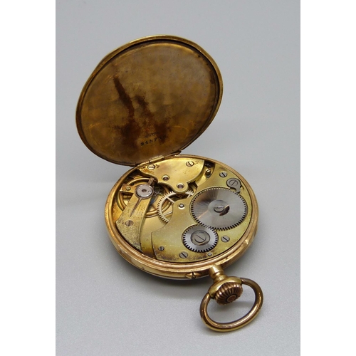 951 - An 18ct gold pocket watch, the case back decorated with horse and jockey and horseshoe, metal inner ... 