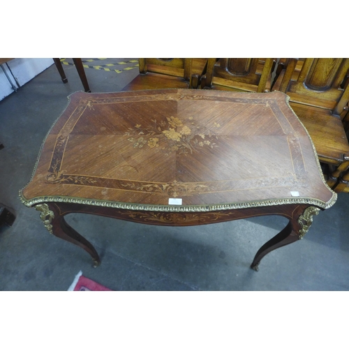 92 - A French marquetry inlaid rosewood and ormolu mounted single drawer bureau plat