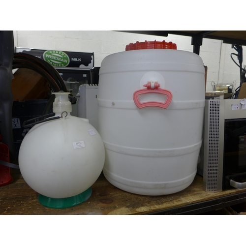 2073 - Two plastic beer kegs/barrels, water butts and line cleaner  *This lot is subject to VAT